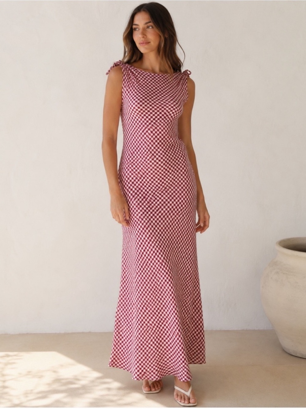 CAROLINE CONSTAS Mariselle Red Gingham Maxi Dress size L Large (Doen )